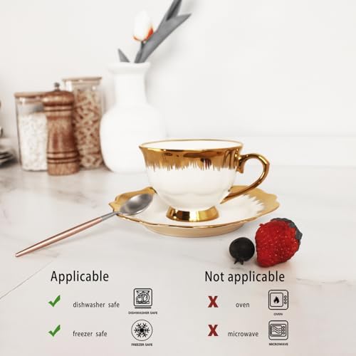 Coffee Mugs Set, 5.0 oz Ceramic Tea Cup with saucer, Espresso Cups 6-piece Rose Tea Cups and Saucers, Stackable Cups, for Latte, Cappuccino, Mocha, Cocoa (Golden) - Image 3
