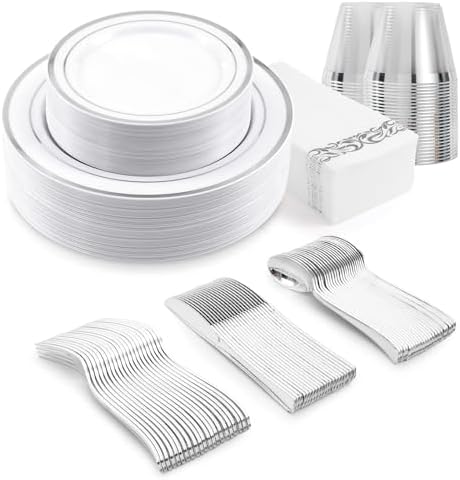 350-Piece Silver Rim Plastic Dinnerware Set for 50 Guests, Elegant Disposable Dinnerware for Party, Wedding, Includes Dinner Plates, Dessert Plates, Silverware, Napkins, Cups by VajilaPhil