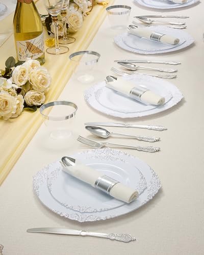 Goodluck 350 Piece Silver Plastic Dinnerware Set for 50 Guests - Image 7