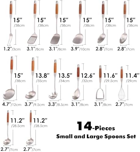15” Metal Kitchen Utensils Set with RooseWood Handle - 18/10 Stainless Steel Cooking Utensils, 14 PCS Large & Small Spoons Set - Whisk, Masher, Fork, Spatula, Turner, Ladle, Skimmer, Pasta - Image 2