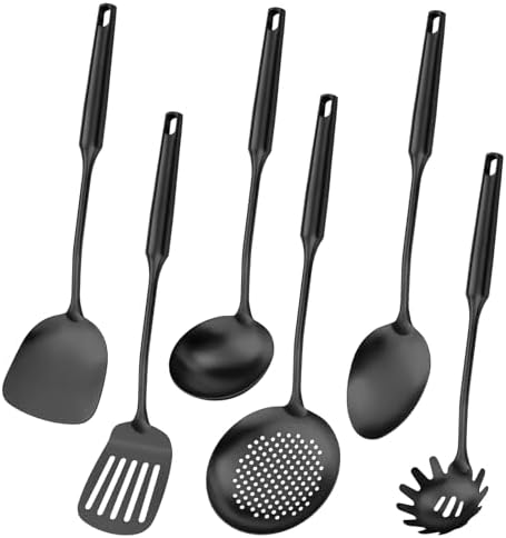 304 Stainless Steel Cooking Utensil,Kitchen Kitchen Utensil with Spatula, Solid Spoon, Ladle, Skimmer, Spaghetti Spoon, 6 Piece Set, Dishwasher Safe(Black) by Lazycorner
