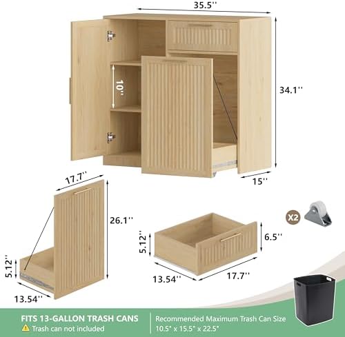 Single 13 Gallon Pull Out Trash Can Cabinet with Storage Cabinet,Natural - Image 2