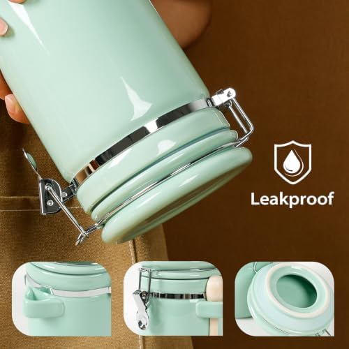 4 Piece Airtight Ceramic Canister Set With Attached Wooden Spoon Reusable Chalk Labels For Dry Goods Sugar Coffee Tea Kitchen Storage Use (Mint Green) - Image 6