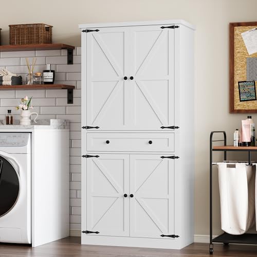 BORNOON Pantry Organizers and Storage Cabinet, 67.7” Barn Door White Kitchen Cabinet with Drawers and Adjustable Shelf, Tall Pantry for Kitchen, Dining Room, Living Room - Image 6