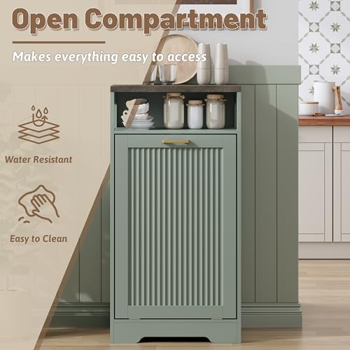 Pet-Proof Single 13 Gallon Tilt Out Trash Can Cabinet with Open Storage – Hide Garbage & Recycling Bins to Keep Your Kitchen Clean and Organized,Green - Image 5