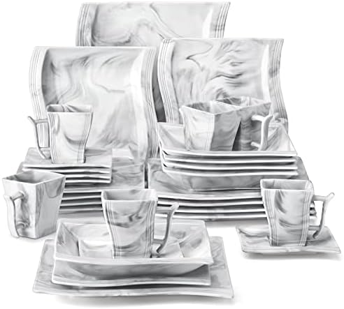 MALACASA Plates and Bowls Sets, 30 Piece Porcelain Dinnerware Sets for 6, Square Dinnerware Set with Dinner Plate, Dessert Plate, Soup Plate, Cup and Saucer, Modern Dish Set, Marble Grey, Series Flora by MALACASA