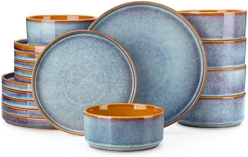 vancasso ONION Ceramic Plates and Bowls Sets, 18 Pieces Blue Dinnerware Sets for Kitchen, Reactive Glaze Dishes Set for 6, Dishwasher and Microwave Safe by vancasso