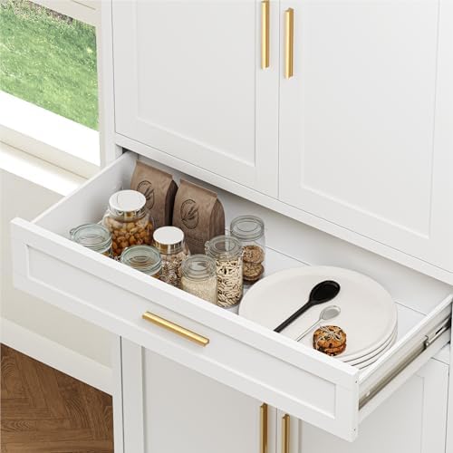 YAUWOH 71''Tall Kitchen Pantry Cabinet with Drawer,6-Tiers Metal Pantry Storage Cabinet with 4 Adjustable Shelves and 4 Barn Doors, Freestanding Farmhouse Food Cupboard for Dining Room (1PC,White) - Image 4
