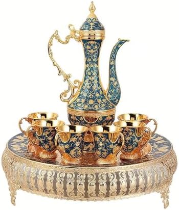 Turkish Tea Set Vintage Coffee Pot with Shiny Crystal Tray and 6 Cups for Home Party Table Decor Blue by SEEKRARE