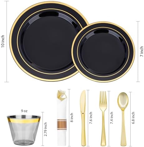 realluck 350 PCS Black Plastic Dinnerware Set for 50 Guests, 100 Disposable Plates for Party, 50 Pre Rolled Napkins with Gold Silverware, 50 Cups for Graduation - Image 2