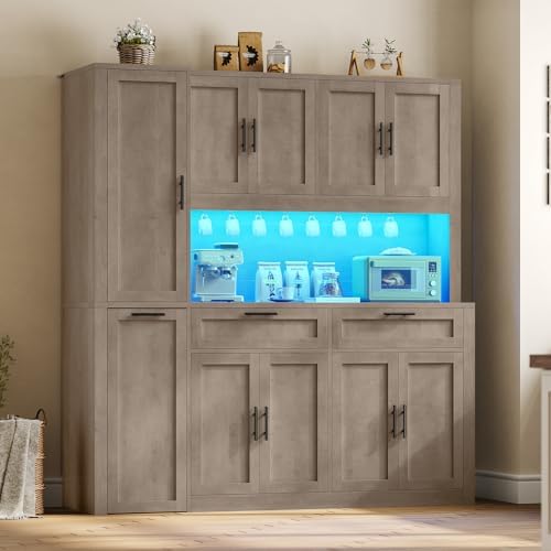 Itaar 71" Kitchen Pantry Cabinet with Charging Station and Led Light, Kitchen Storage Cabinets with Microwave Stand, 59" Wide Pantry Storage Cabinet with Storage Cart 3 Tier for Dining Room, Grey - Image 3