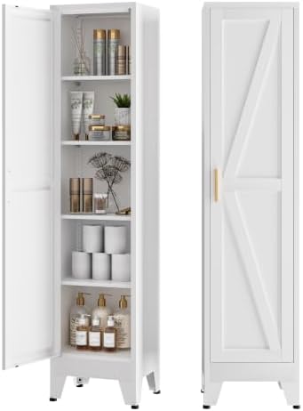 COFaR Tall Bathroom Storage Cabinet, Metal Farmhouse Narrow Slim Cabinet with Adjustable Shelves Barn Door for Bathrooms, Kitchens, Entrances Living Room (White) by COFAR