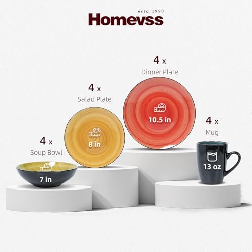 HomeVss, Stoneware Sonoma 16pc Dinnerware Set, Black + Speckled Spin Wash, Mix Blue, Green, Red, Yellow - Image 2