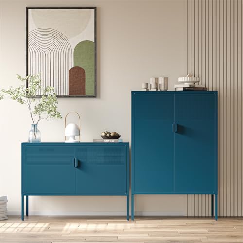 COFaR Peacock Blue Metal Cabinet, 47”H Modern Sideboard with Adjustable Shelves, Stylish Coffee Bar & Buffet Storage for Dining Room, Kitchen, Ventilated Metal Organizer with Magnetic Doors - Image 4