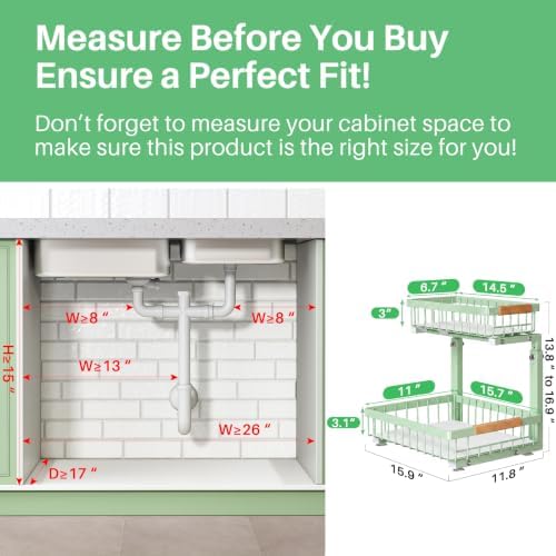 Kitstorack Under Sink Organizer, 2 Tier Under the Sink Storage, Slide out Pull out Cabinet Organizer Shelf, Metal Sliding Drawer for Kitchen Bathroom Pantry Closet Organization Rack, Green, 1 Pack - Image 2