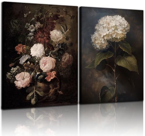 Doqueodas 2 pcs Vintage Floral Canvas Wall Art, Elegant Dark Rose Hydrangea Oil Painting Print Artwork, Rustic Farmhouse Classic Painting Poster Wall Decor, Suitable for Living Room Office12x16 inch by Unknown