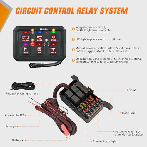 Nilight 6 Gang Switch Panel Red 12V 60A Circuit Control Relay System 4-Mode - Image 3