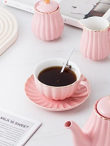 CLAY TONIC- 8 OZ Porcelain Pink Coffee/Teacup and Saucer Set with Holder - Image 6