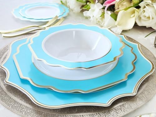 OCCASIONS Disposable Plastic Plates for 40 Guests (Imperial Aqua & Gold) - Image 3