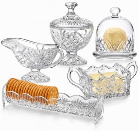 Godinger Serving Hostess Set - Butter Dish, Sugar and Creamer, Packet Holder, Cracker Tray - 5 Piece Set, Dublin Collection by Godinger