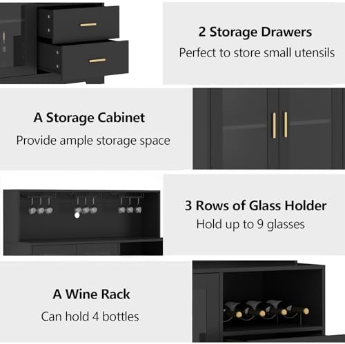 Bar Cabinet for Home with LED Light,Coffee Bar Cabinet w/ Wine & Glass Rack - Image 4