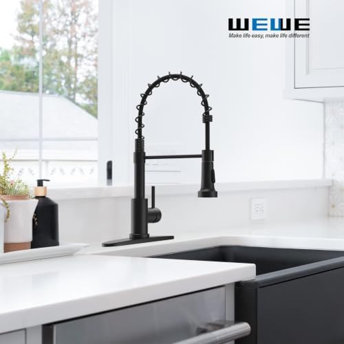 WEWE Matte Black Kitchen Faucet with Pull Down Sprayer, Commercial Stainless Steel Spring Single Handle Single Hole Sink Faucet for Farmhouse, RV, Laundry and Utility Room - Image 2