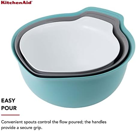 KitchenAid Universal Nesting Plastic Mixing Bowls,Set Of 3,2.5 quart,3.5 quart,4.5-quart,Non Slip Base with Easy Pour Spout to Reduce Mess,Dishwasher Safe,Aqua Sky,White,Gray,(Pack of 2) - Image 4