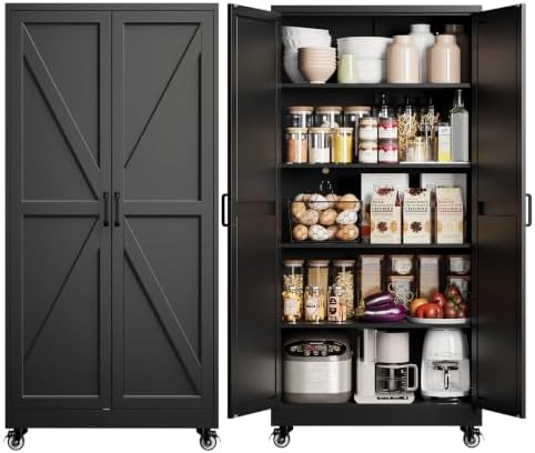 Yizosh 71"Black Metal Pantry Storage Cabinet,Mobile Kitchen Storage Cabinet by Yizosh