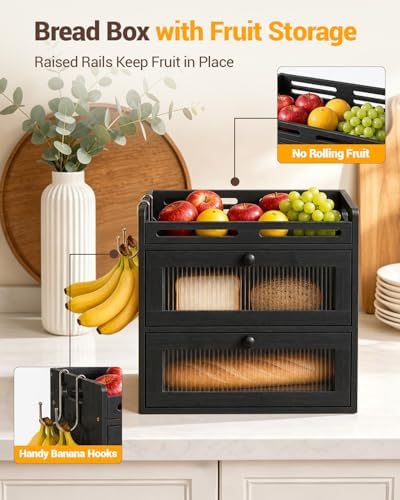 Bread Box for Kitchen Countertop, 2-Tier Bamboo Storage with Raised Shelf - Image 3