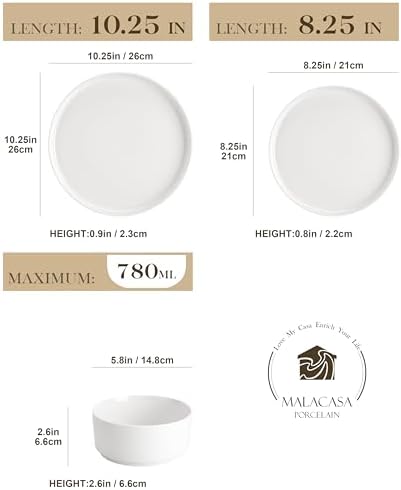MALACASA 12 Pieces Porcelain Dinnerware Set, Modern White Dish Set for 4, Premium Serving Plates and Bowls Sets, Chip and Scratch Resistant Dishware Sets Kitchen Dishes Dining Ware Set, Series LEAH - Image 2