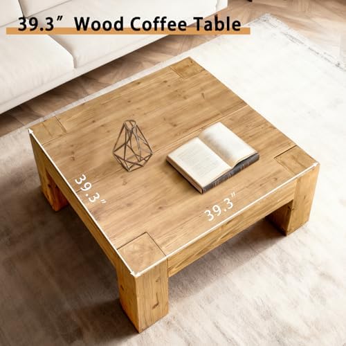 Rustic Wooden Coffee Table for Living Room, Big Square Coffee Table - Image 4