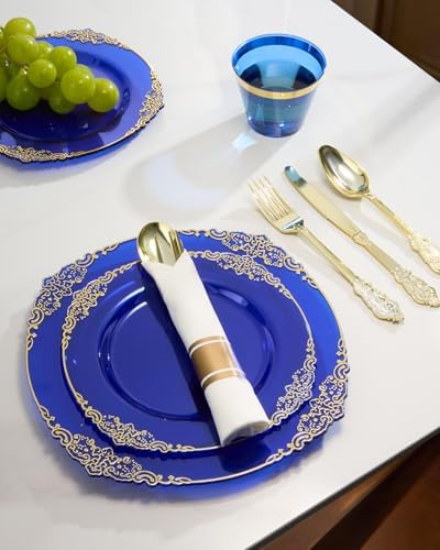 Goodluck 350 Piece Clear Blue Plastic Dinnerware Set for 50 Guests - Image 5