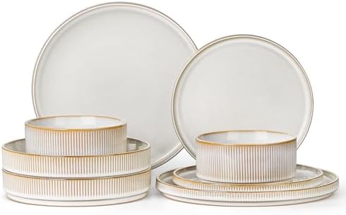 LIANYU 8 Piece Stoneware Plates and Bowls Dishes Set for 2, Dinnerware Sets with Pasta Bowls, Ribbed Dining Ware Dishware for Home Wedding, Microwave and Dishwasher Safe, Dawn Beige by LIANYU