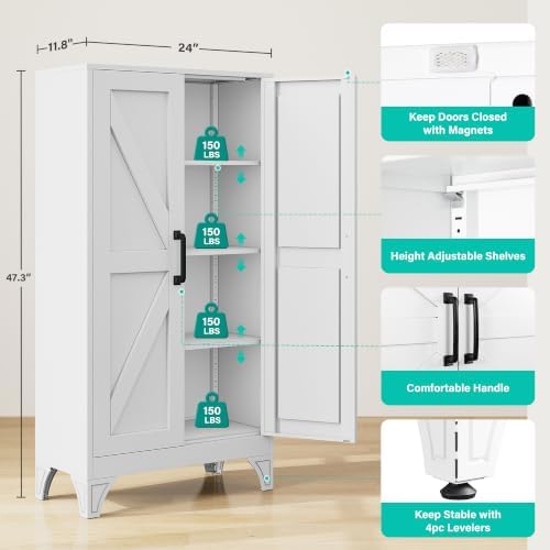 SISESOL 47" Tall Metal Pantry Cabinet,Farmhouse Kitchen Pantry Storage Cabinet with 2 Doors and 3 Shelves,White Storage Cabinet,Large Cupboard for Home,Kitchen,Dining/Living Room/Bathroom - Image 3