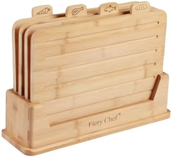4 Piece Bamboo Cutting Boards Set with Food Icons & Stand, 12.6"L x 9"W by Fiery+Chef