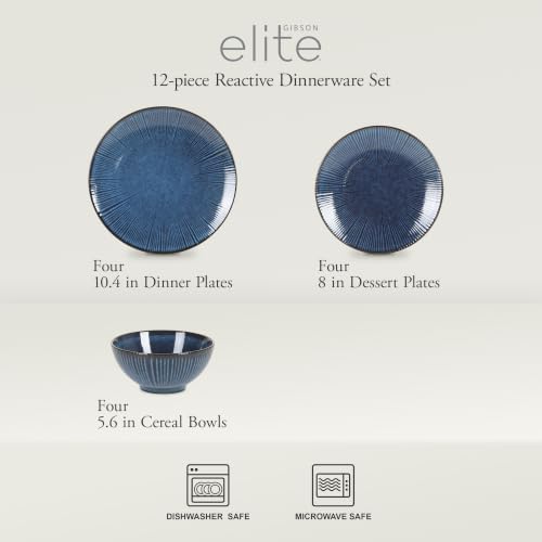 Gibson Elite Midnight Lune Plates and Bowls Sets, 12-Piece Stoneware Dinnerware Sets, Reactive Glaze Dish Set - Blue - Image 2