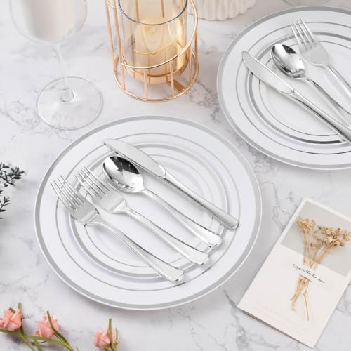 BESTVIP 600PCS Silver Plastic Plate Set (100 Guests), Disposable Plates for Party Wedding Birthday, Dinnerware Set of 200 Plastic Plates, 200 Forks, 100 Spoons, 100 Knives for Christmas - Image 2