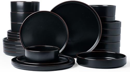 Famiware Nebula Ridge 24-Piece Dinnerware Set with Pasta Bowls, Matte Black by Famiware