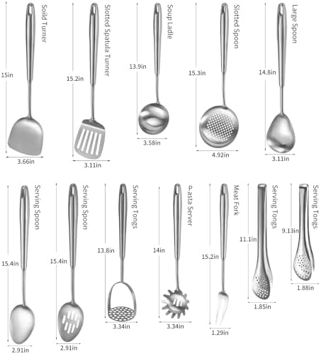 304 Stainlss Steel Kitchen Utensils Set, 12 Pcs Long Metal Cooking Utensil Gadgets Tools Set with Spatula, Ladle, Spoon, Ladle, Skimmer, Tunner, Pasta Server, Tongs(Silver, Dishwasher Safe) - Image 6