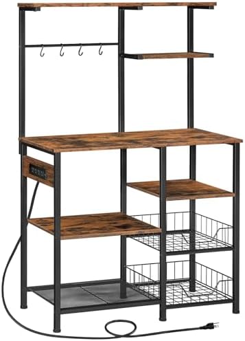 HOOBRO Large Bakers Rack with Power Outlets, 6-Tier Microwave Stand with 4 Hooks, Coffee Bar, Kitchen Shelf with Wire Basket, for Kitchen, Living Room, Office, Rustic Brown and Black BF64UHB01 by HOOBRO