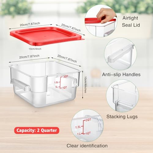Suclain 2 Pcs Square Food Storage Container Polycarbonate Clear Food Container with Lid Commercial Rice Storage with Graduations for Commercial Kitchen(2 Qt,Red) - Image 2