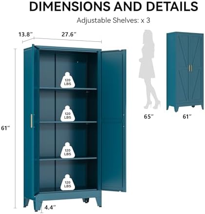COFaR 61" Metal Pantry Cabinet in Peacock Blue, Farmhouse Storage Cabinet with Adjustable Shelves, Sturdy Freestanding Cupboard for Kitchen Organization, Bathroom & Living Room - Image 2