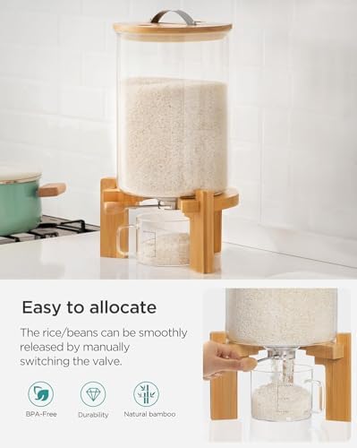 HBlife 18-22 Lbs Glass Rice Dispenser with Wooden Stand Flour and Cereal Container with Glass Measuring Cup Pantry Food Organization Storage Bin with Airtight Bamboo Lid, 11L - Image 3