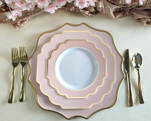 " OCCASIONS " 200 Piece set (25 Guests)-Wedding Plastic Plates & cutlery -Disposable heavyweight Dinnerware 10.5'', 8'' + Silverware + Cups + Napkins (Imperial in Blush Pink & Gold) - Image 3