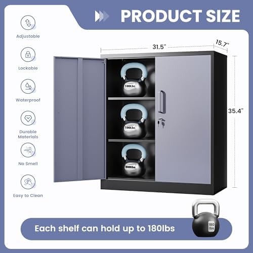 36" H Metal Storage Cabinet, Black Metal Cabinet with 2 Lockable Doors and 2 Adjustable Shelves, Garage Storage Cabinet for Home Office, Garage, School, Apartment, Warehouse - Image 3