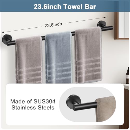 Matte Black Bathroom Hardware Set, 5 Pieces Black Towel Bar Bathroom Accessories Set, Upgraded Toilet Paper Holder with Shelf, 23.6 Inch Towel Rack Towel Holder for Bathroom Wall - Image 2