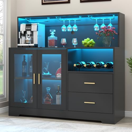 Bar Cabinet for Home with LED Light,Coffee Bar Cabinet w/ Wine & Glass Rack by AuromieDirect