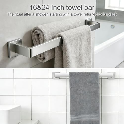 6-Pieces Bathroom Hardware Set Brushed Nickel Bathroom Accessories Set SUS304 Towel Bar Set Includes Towel Bar 24&16 Inch+Towel Holder+Toilet Paper Holder+2 Towel Hooks (6, Brushed Nickel, 24 Inch) - Image 2