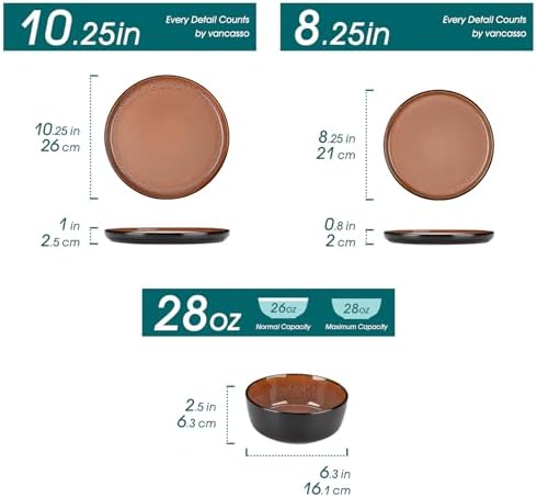 vancasso Plates and Bowls Sets, 18 Pieces Stoneware Dinnerware Sets for 6, Kitchen Dish Set Mircowave and Dishwasher Safe Ceramic Dishware, Dark Brown, Series AMBER - Image 3