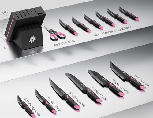 ASETY 15 PCS Knife Set with Block and Sharpener, Dishwasher Safe, Pink - Image 3